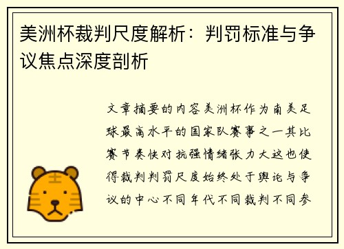 美洲杯裁判尺度解析：判罚标准与争议焦点深度剖析
