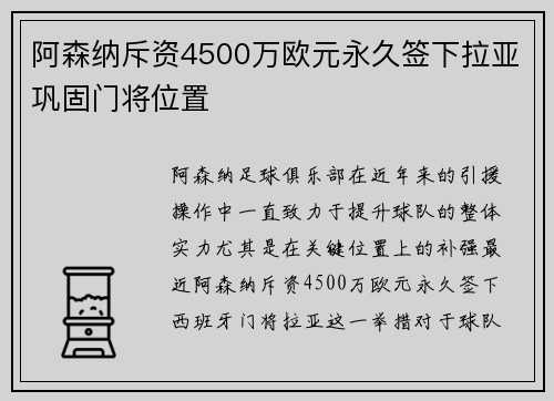 阿森纳斥资4500万欧元永久签下拉亚巩固门将位置